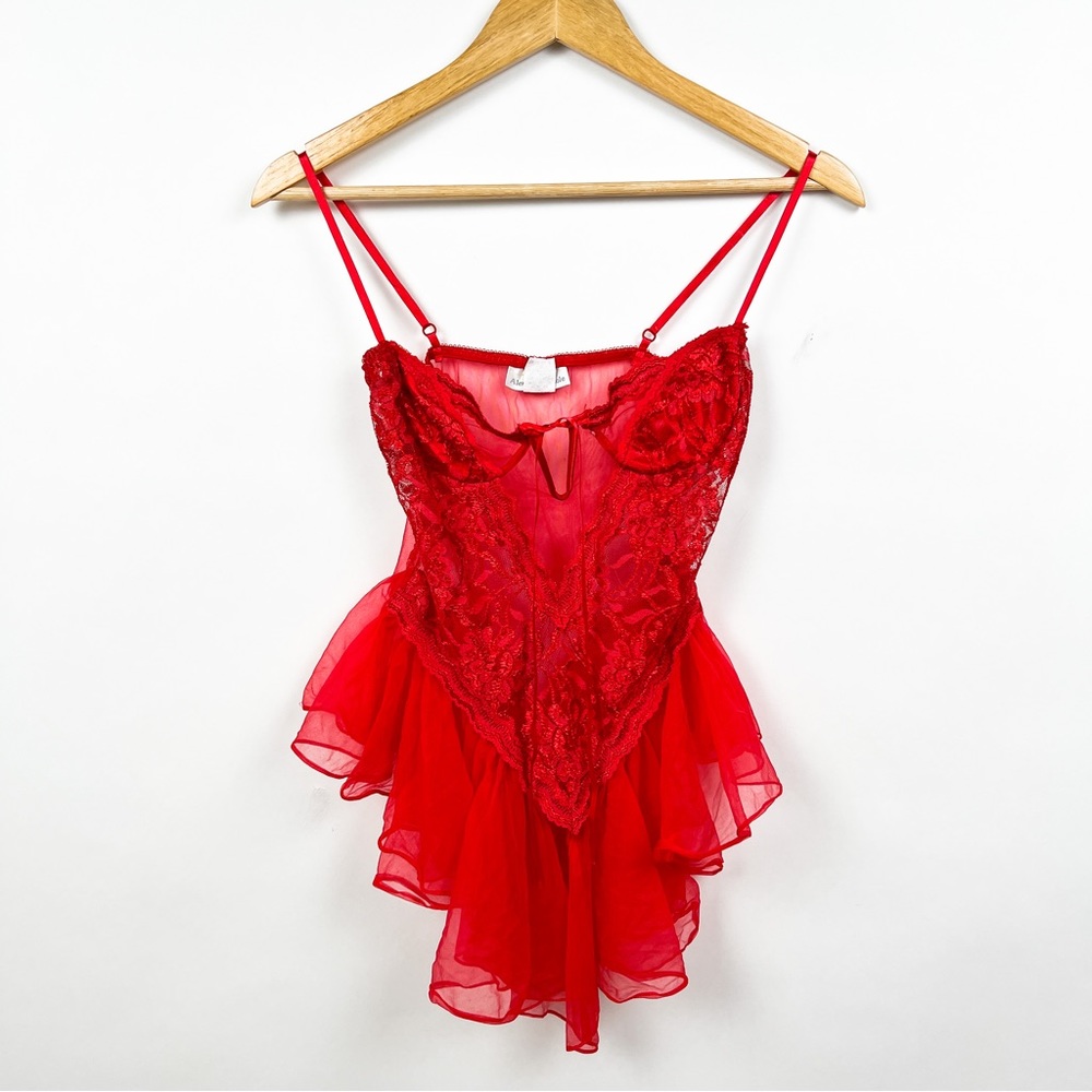Vintage 80s red floral lace bustier chemise slip dress top size small